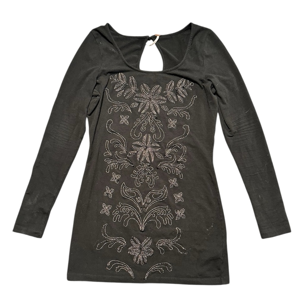 Free People Black Long Sleeve Dress with Embroidery